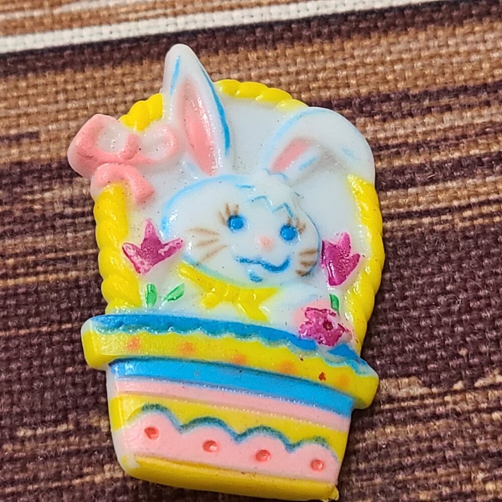 Vintage Easter Bunny Rabbit in Basket Pin Brooch Plastic Multicolor